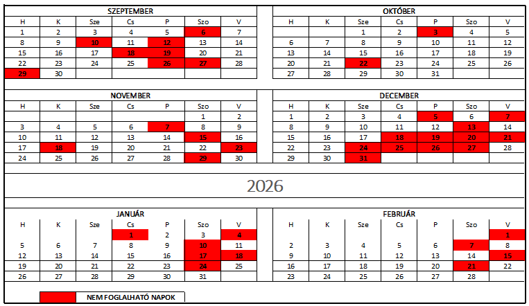 Foglalási naptár - tájékoztató
